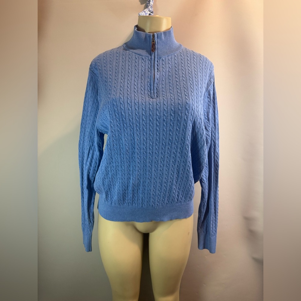 DAVID DONAHUE HALF ZIP UP BLUE CABLE KNIT SWEATER COTTON SILK CASHMERE
